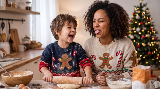 Amused mother and son in matching gingerbread ugly Christmas sweaters making goofy faces with cookie dough in kitchen for holiday social and banner stock photo.
