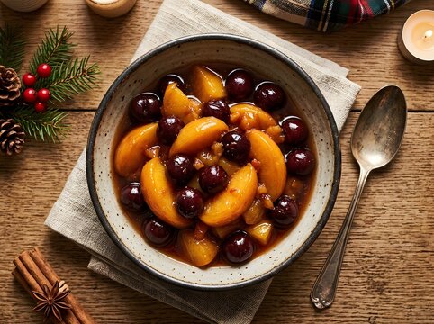 Bowl of brandied mixed fruit with peaches and cherries for christmas 