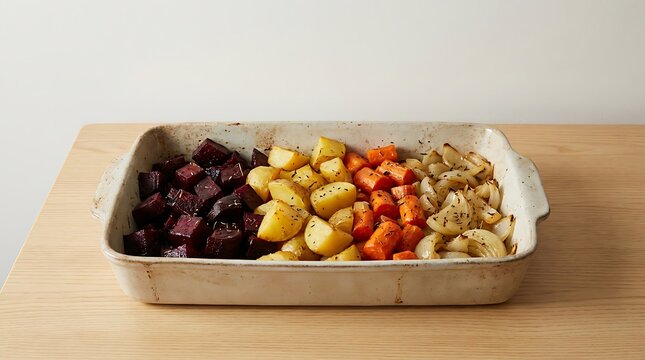 Roasted root vegetables like beets potatoes carrots and mushrooms in a baking dish on a wooden table. beet hash