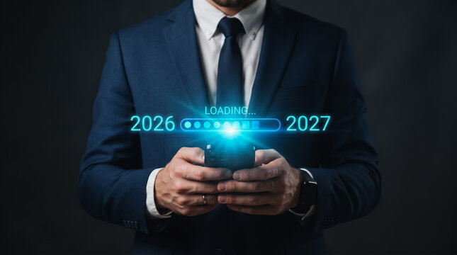 Professional businessman holding smartphone featuring glowing digital loading bar transition interface graphics between years twenty twenty six and twenty twenty seven against dark studio background
