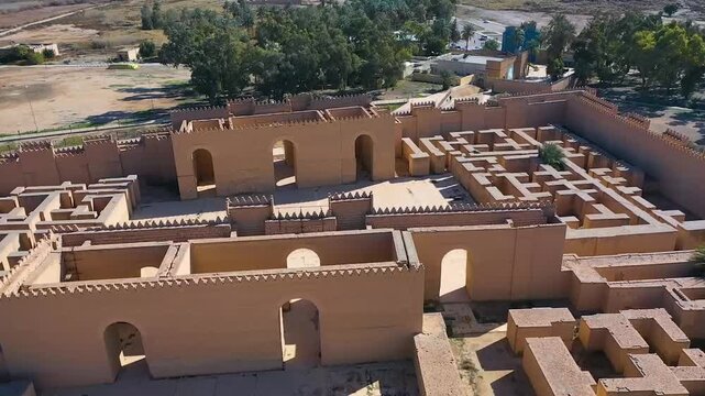High-angle aerial view of the ruins of ancient Babylon, Iraq