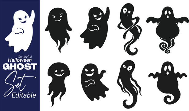 Halloween scary ghost silhouettes collection, spooky phantom icons, creepy spirit vectors set isolated on white background. Spooky ghost silhouette vector set, dark halloween phantoms