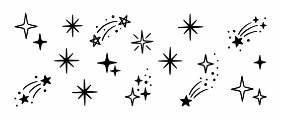 Fototapeta premium Celestial stars and shooting stars icons isolated on transparent background. Astronomy symbols and space elements. Star, comet, shooting star, meteor. Minimalist design for logos, posters,.