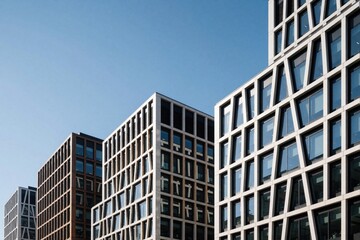 Fototapeta premium Modern office buildings stand under clear blue sky. Contemporary architecture features geometric facade patterns, glass windows. Urban business district shows clean lines, white structures.