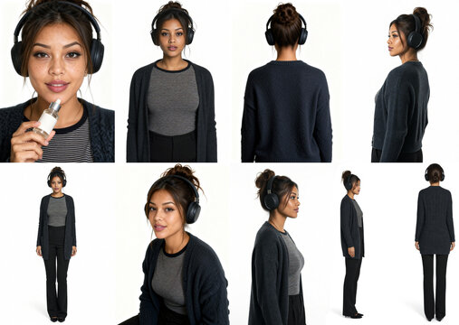 Alternative female character reference sheet showing multiple poses, angles and expressions with headphones on white background.