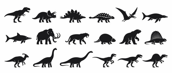 Dinosaur and prehistoric creature silhouettes on transparent background. Ancient reptile and extinct animal icons. Stegosaurus, Triceratops, Tyrannosaurus, Pterodactyl, Brachiosaurus, Velociraptor,. © bern