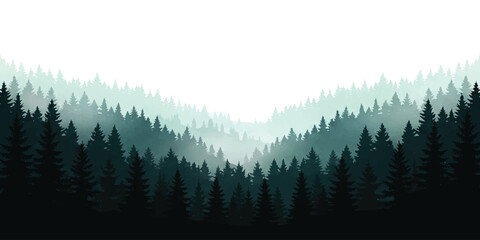 Fototapeta premium Layers of evergreen pine trees in a misty mountain forest landscape
