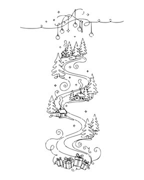 Continuous Line Christmas Village Path with Houses, Trees and Gifts