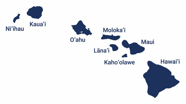 Hawaiian islands map with labeled regions on transparent background. Pacific archipelago geography. Hawaii, Maui, Oahu, Kauai, Molokai, Lanai, Kahoolawe, Niihau. Vector illustration.