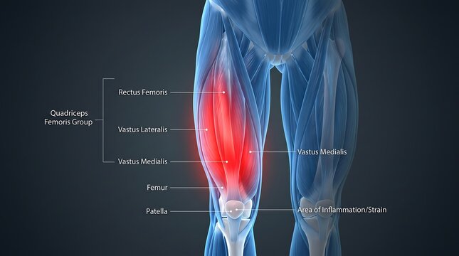Human leg anatomy, detailed quadriceps femoris group illustration; medical diagram of muscle inflammation and strain, pain in rectus femoris, vastus lateralis, vastus medialis, femur, and patella