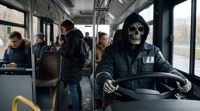 Grim Reaper drives a bus with passengers on a rainy day symbolizing mortality and the journey of life