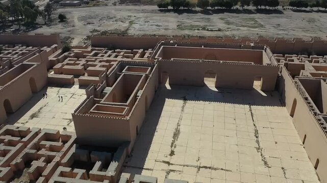 Wide aerial shot of the ruins of ancient Babylon, Iraq