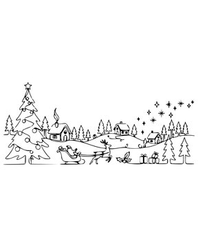 Continuous Line Christmas Village Landscape with Santa Sleigh and Tree