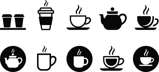 Fototapeta premium Set of modern black coffee cup and teapot vector icons isolated on white background for cafe drink menu concept