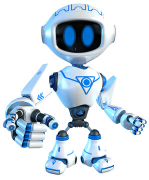 white robot with blue graphics and large eyes, looking at the camera and pointing with its right arm