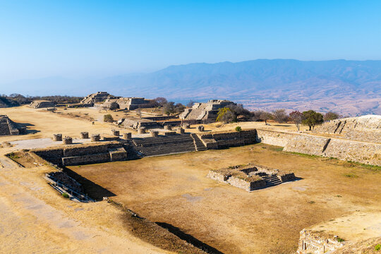 Zapotec archaeological site of Monte Alban with temples and pyramids, Oaxaca, Mexico.