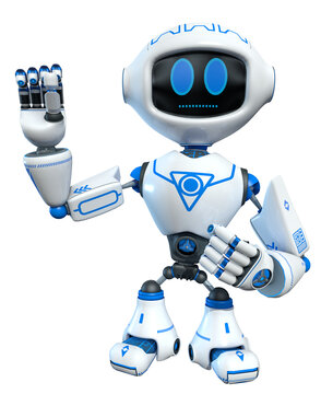 white robot with blue graphics and large eyes, looking at the camera and raising its right arm