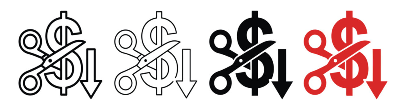 Cost reduction vector icons featuring dollar signs being cut by scissors with downward trend arrows