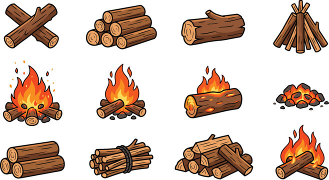 Campfire and Firewood Log Vector Icon Set with Burning Bonfires, Wooden Piles, and Charcoal Embers for Camping Hiking and Outdoor Adventure Graphic Designs