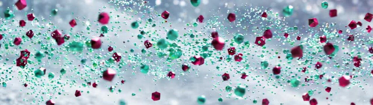 Data flow and digital particles red and teal geometric shapes moving in a wave motion background for technology and science.