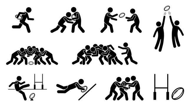 Rugby player stick figure icon set, black football sports action pictograms, minimal athletic movement sign collection