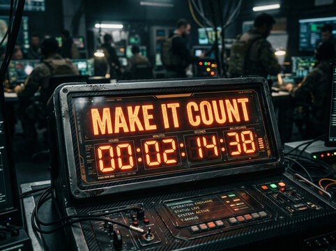 Digital countdown timer with glowing orange numbers and the inspiring message Make It Count in a high-tech command center