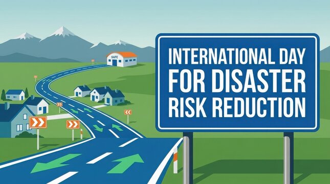 International day for disaster risk reduction concept with road leading to a safe building