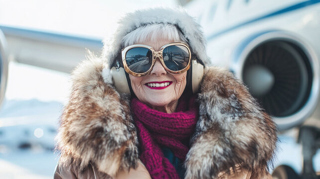 A happy senior woman wearing vintage sunglasses, a furry winter hat, and a pink scarf poses outdoors near an airplane jet engine in cold weather, exuding luxury, adventure, and timeless elegance