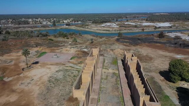 Aerial view of the Processional Way among the ruins of Babylon, Iraq