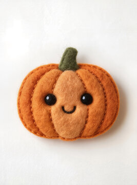 Cute Handmade Felt Pumpkin with Smiling Face on White Background