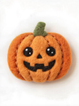 Cute Handmade Felt Jack-O'-Lantern Pumpkin on White Background