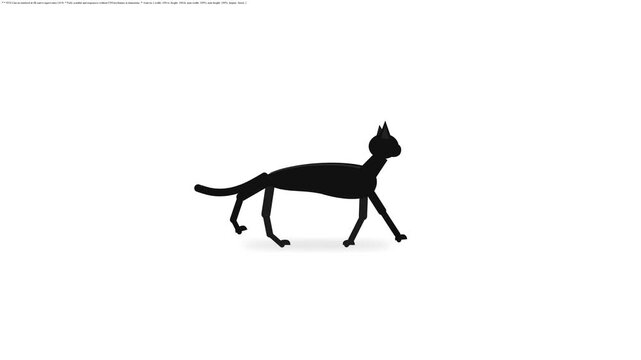 Minimalist black cat silhouette walking on a plain white background with a subtle shadow below. Clean 2D vector illustration of a domestic feline pet in a side view walking pose.