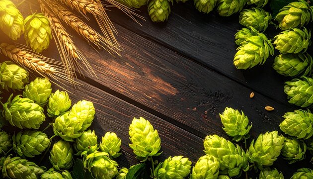 Fresh green hop cones and golden wheat ears arranged on a dark rustic wooden background for craft beer brewing