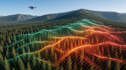 Fototapeta premium Aerial view of drone monitoring forest landscape with digital topography map. Tech overlay shows heat data, terrain elevation over green mountains. Surveillance system detects wildfire risk