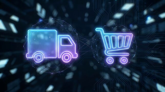 Neon digital delivery truck and shopping cart symbols representing modern global logistics and online retail trade.