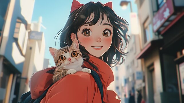 Anime girl with a cute cat on her shoulder urban streak