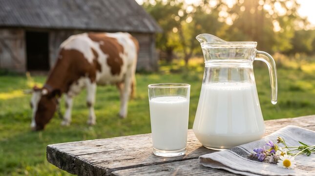 Fresh farm milk in a glass and pitcher on a rustic wooden table, with a brown and white cow grazing in the background, idyllic rural dairy scene, natural organic beverage.