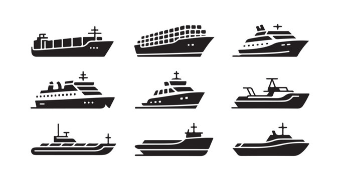 Set of various silhouette ships and vessels for maritime transport and travel services.