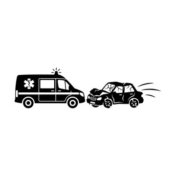 Ambulance van and broken damaged car involved in a road traffic accident Vector