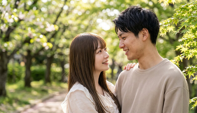 Japanese couple looking at each other outdoors in a green park with soft sunlight.