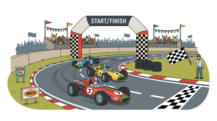 Obraz premium Formula 1 Race Cars Speeding Towards Start/Finish Line, Chequered Flag