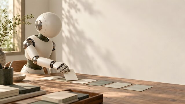 Service robot sorting blank cards on a desk