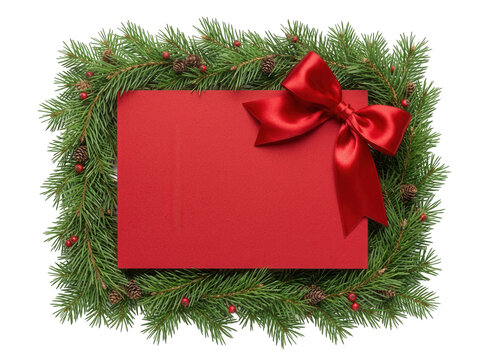 Christmas card frame with pine branches and red bow isolated on transparent background