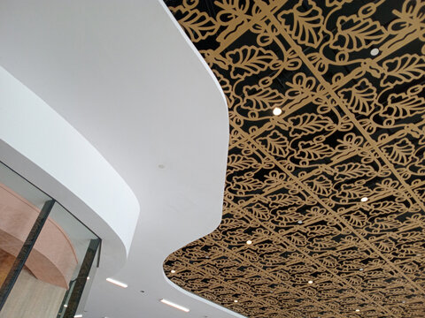 Modern interior ceiling design with floral patterned acoustic panels and lighting
