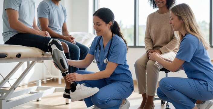 Female nurse helps male amputee with prosthetic leg in medical clinic. Physical therapist adjusts modern bionic limb during rehab session. Patient sits on examination table healthcare pro provides