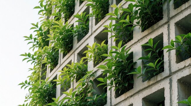 Close up of vertical garden on concrete wall. Green plants grow in square holes of grey eco brick structure. Modern eco design uses living greenery for urban architecture, sustainable building