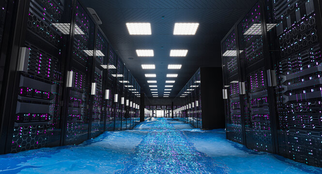 Data center racks flooding with blue water 3d