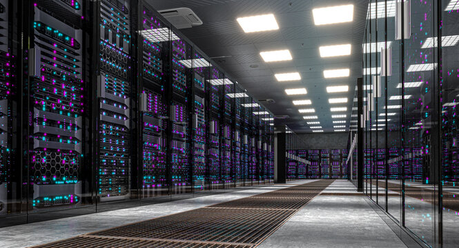 server room with glowing network lights 3d