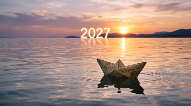 Paper boat floating on calm sea at sunset with glowing 2027 numbers, new year journey and future aspirations concept