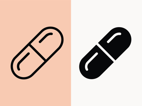 Set of two medical pill capsule vector icons in flat and outline design styles